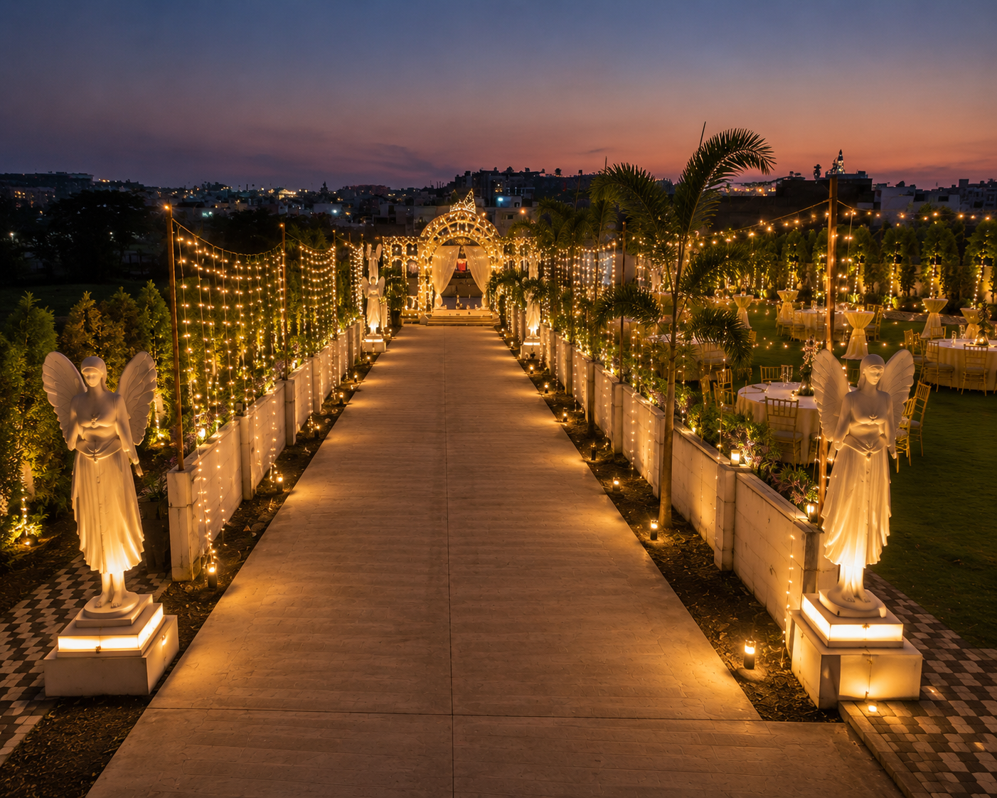 Garden cocktail tables at dusk